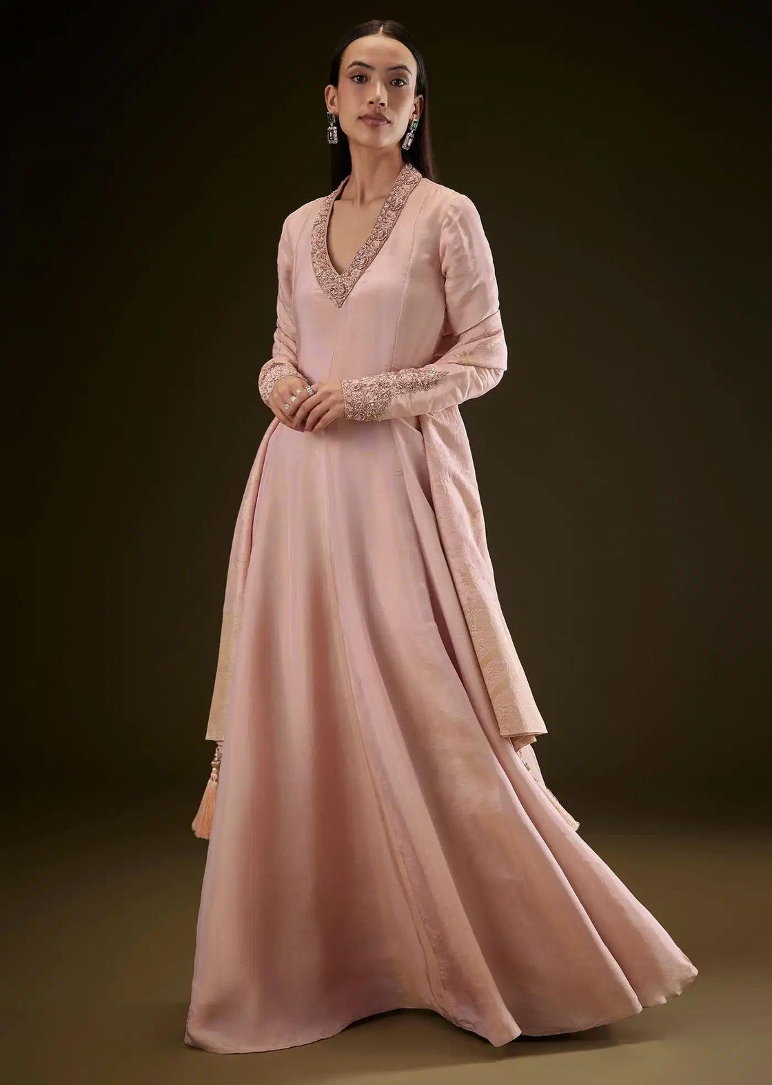 Baby Pink V Neck Anarkali Dress Featuring Patterned Drape