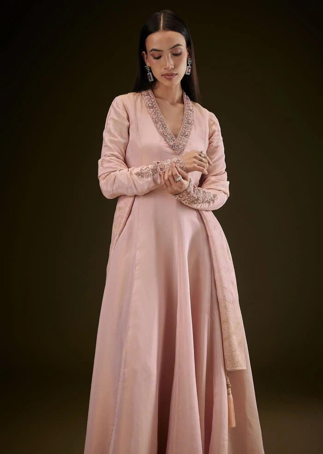 Baby Pink V Neck Anarkali Dress Featuring Patterned Drape