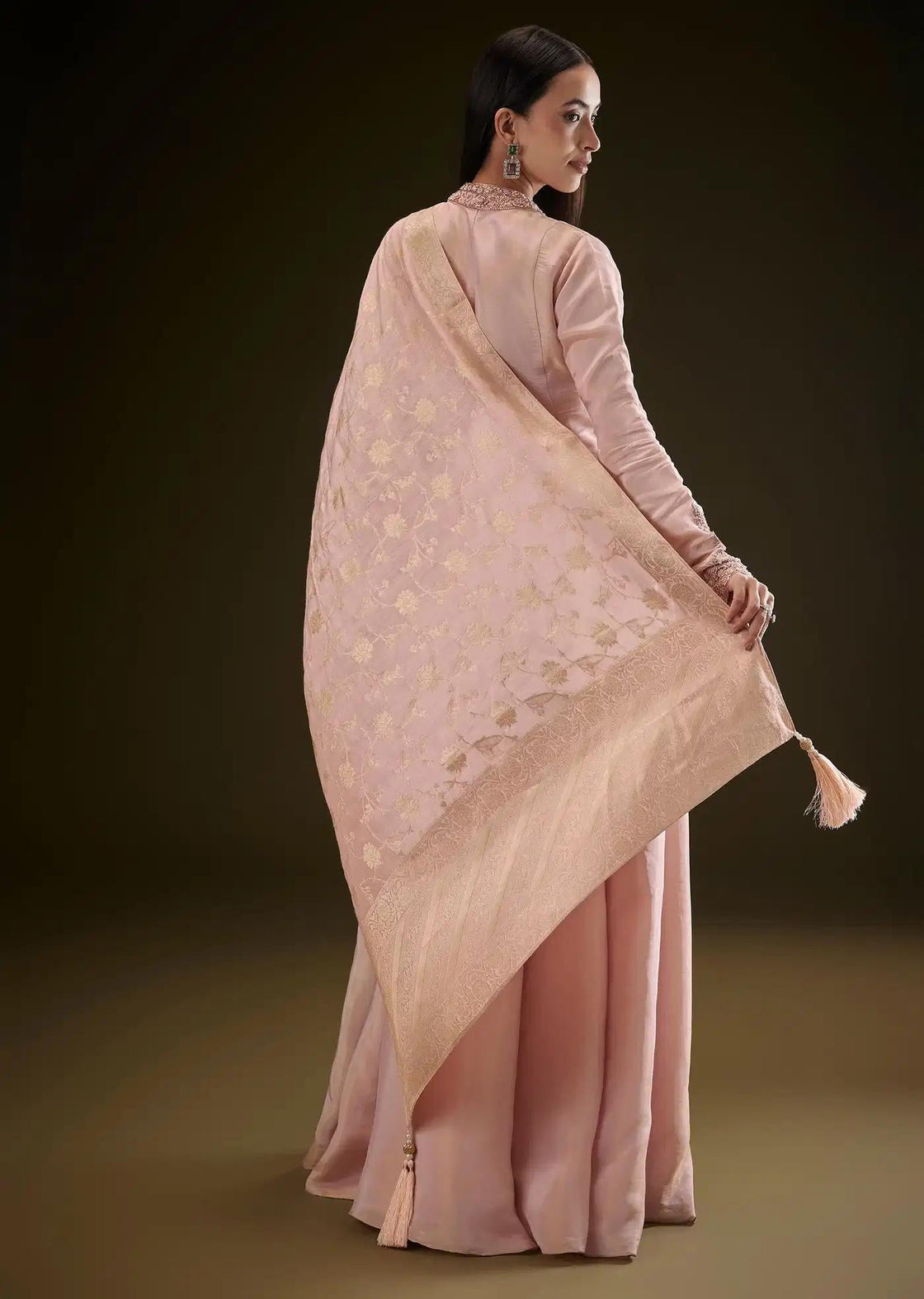 Baby Pink V Neck Anarkali Dress Featuring Patterned Drape