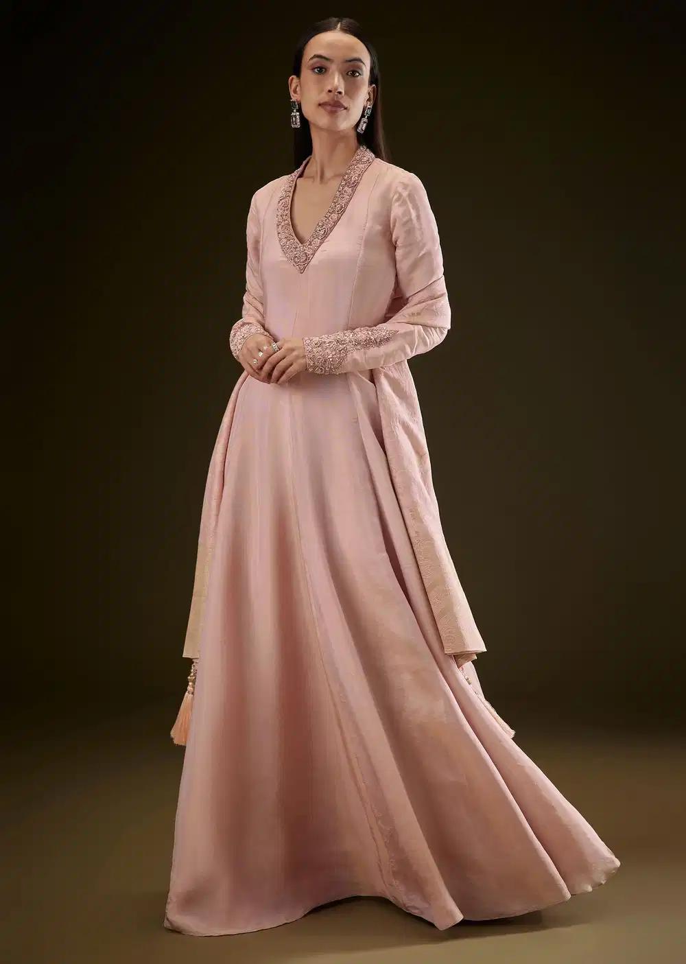 Baby Pink V Neck Anarkali Dress Featuring Patterned Drape