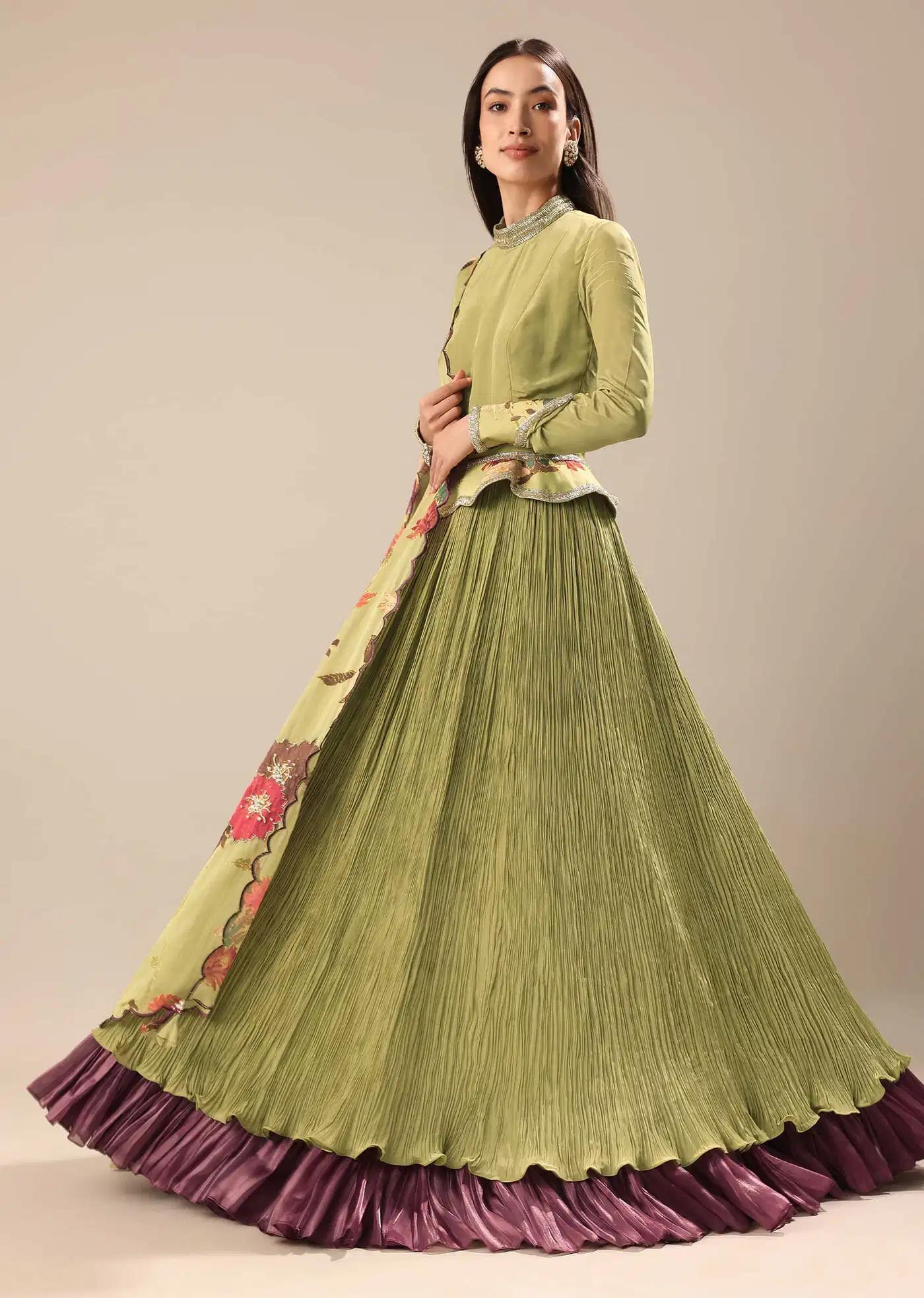 Bamboo Green Handcrafted Anarkali Suit Featuring Printed Drape