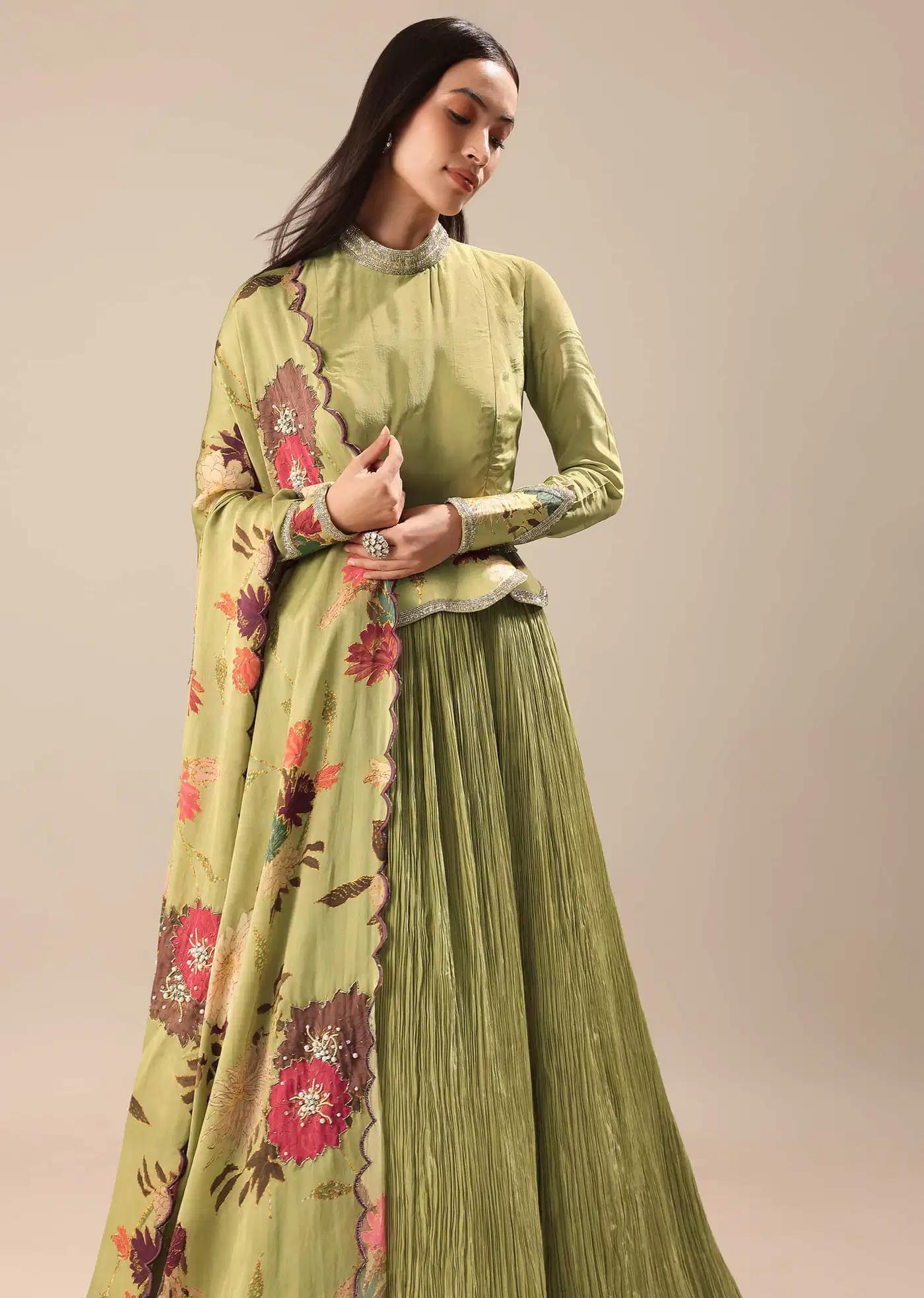 Bamboo Green Handcrafted Anarkali Suit Featuring Printed Drape