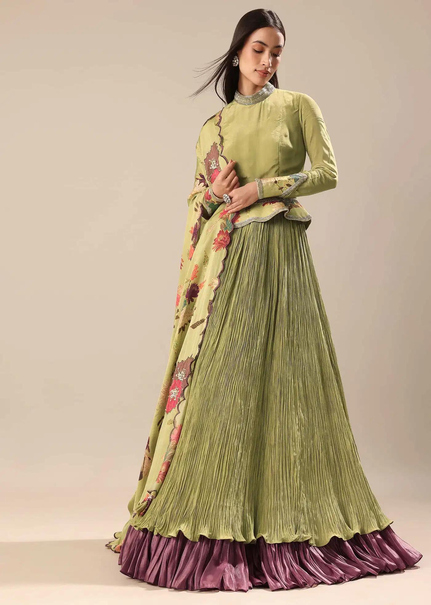 Bamboo Green Handcrafted Anarkali Suit Featuring Printed Drape