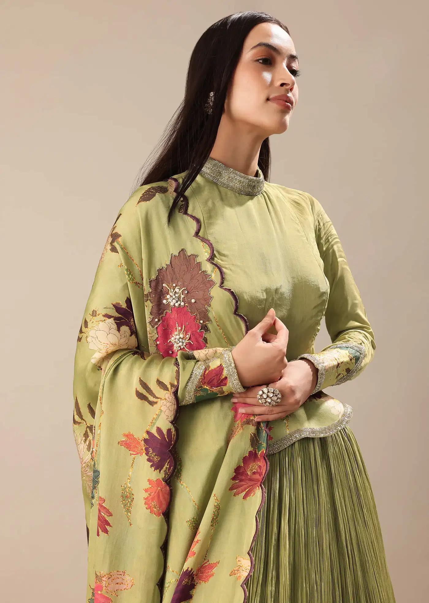Bamboo Green Handcrafted Anarkali Suit Featuring Printed Drape