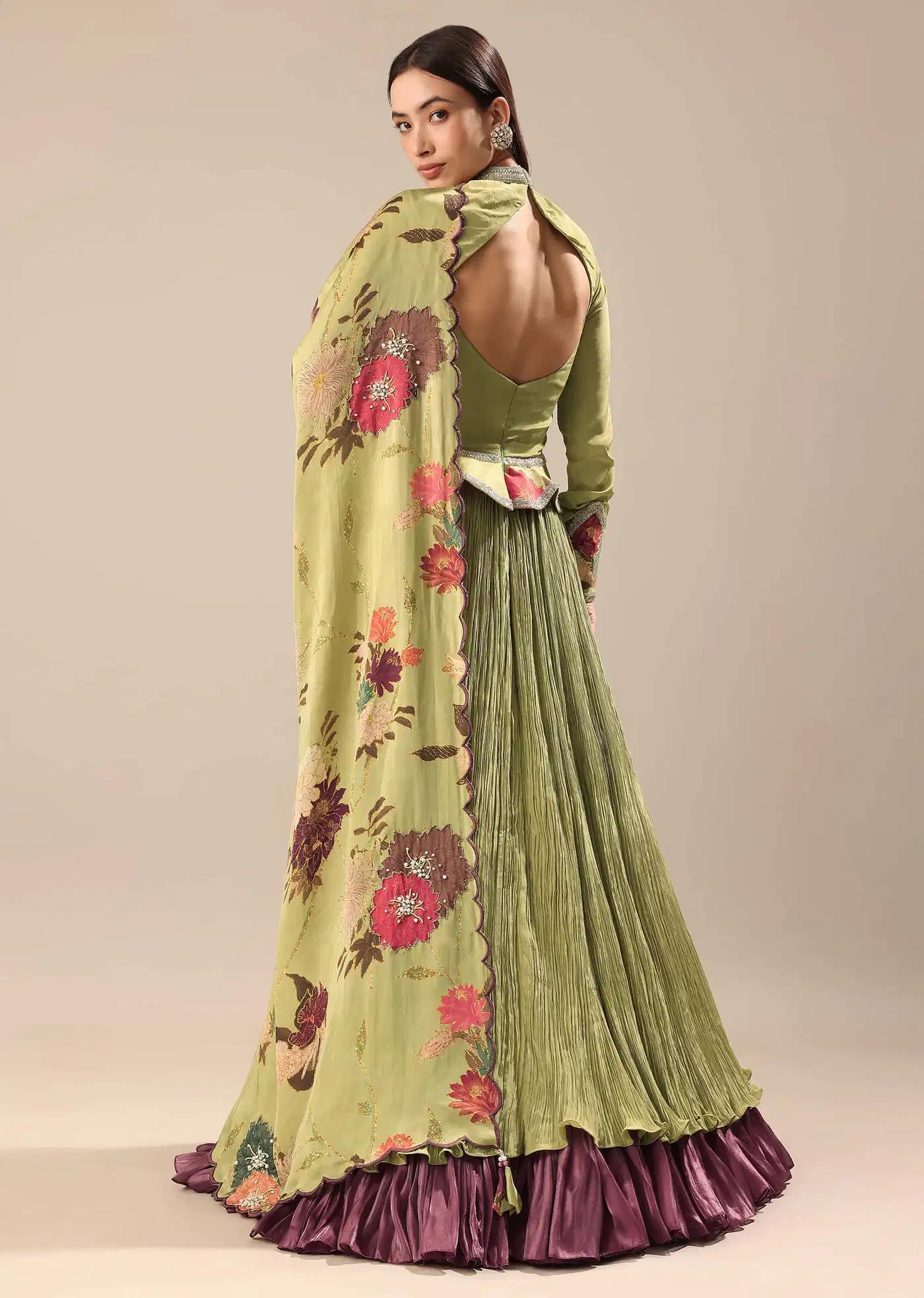 Bamboo Green Handcrafted Anarkali Suit Featuring Printed Drape