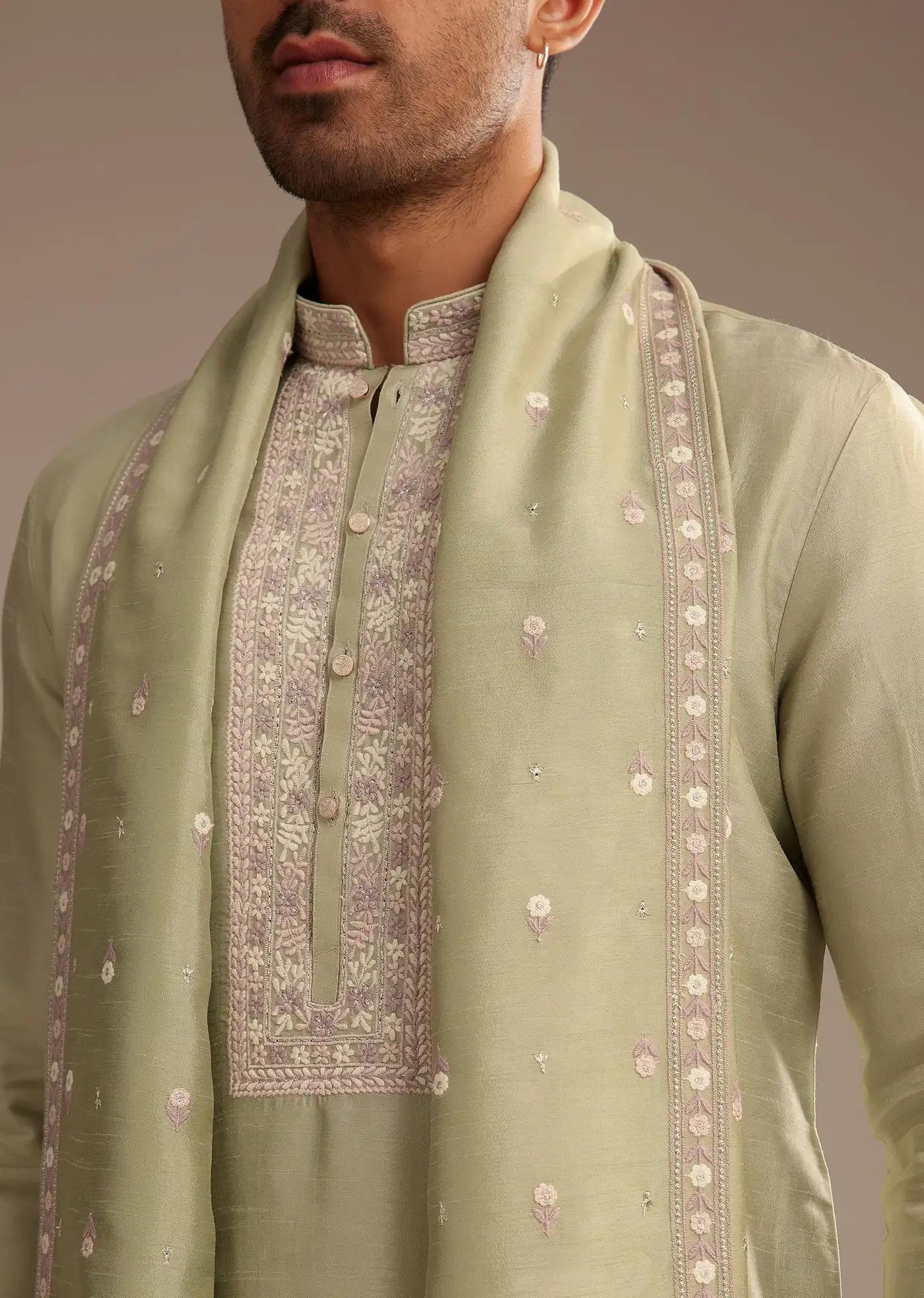 Basil Green Kurta Set With Embroidered Dupatta Elegant Designer Kurta Sets