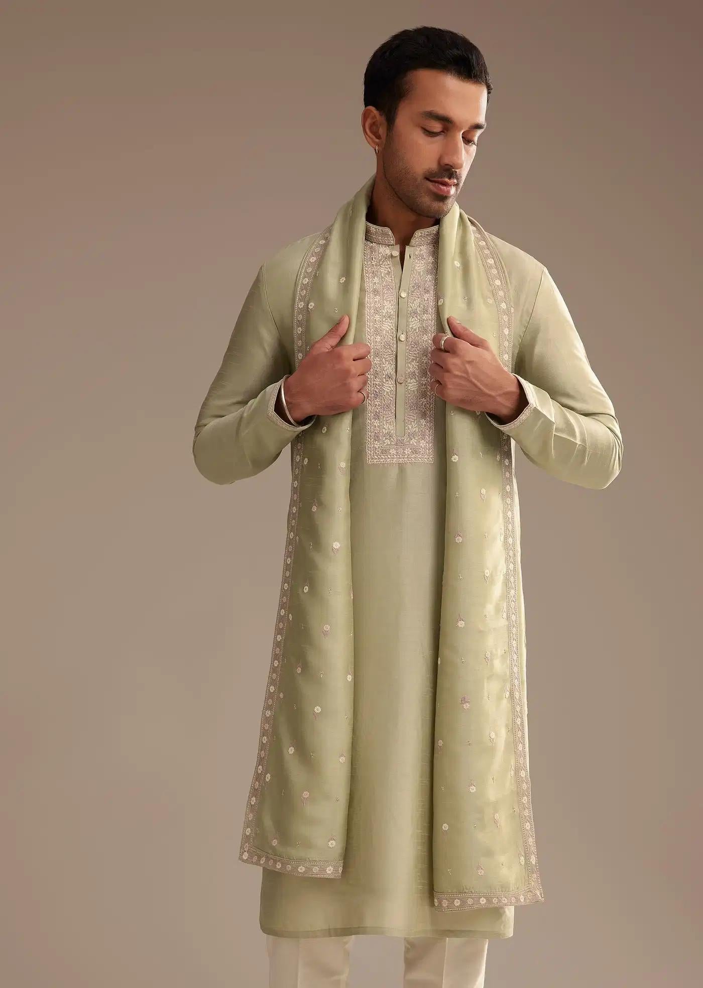 Basil Green Kurta Set With Embroidered Dupatta Elegant Designer Kurta Sets