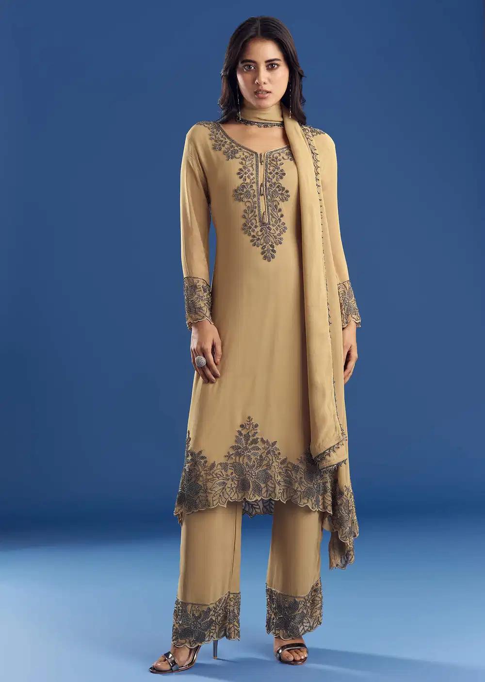 Beige Asymmetrical Georgette Beaded Kurta Pant Ensemble With Dupatta Outfit
