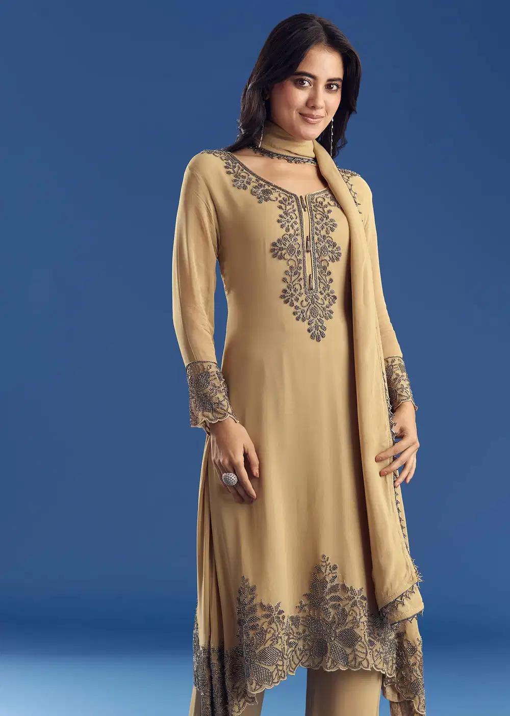 Beige Asymmetrical Georgette Beaded Kurta Pant Ensemble With Dupatta Outfit