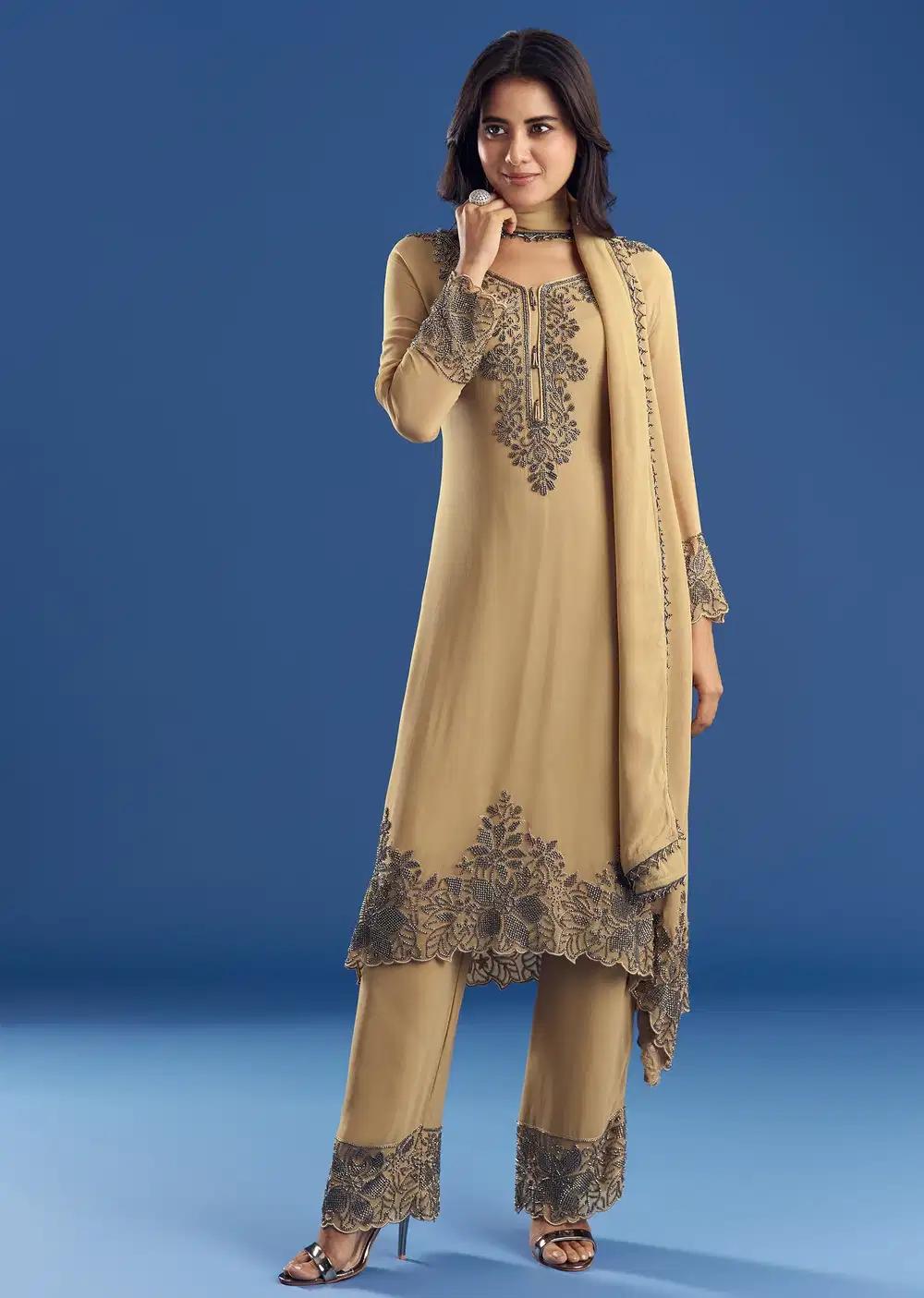 Beige Asymmetrical Georgette Beaded Kurta Pant Ensemble With Dupatta Outfit