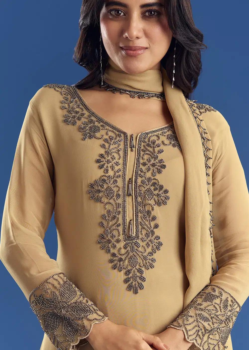 Beige Asymmetrical Georgette Beaded Kurta Pant Ensemble With Dupatta Outfit