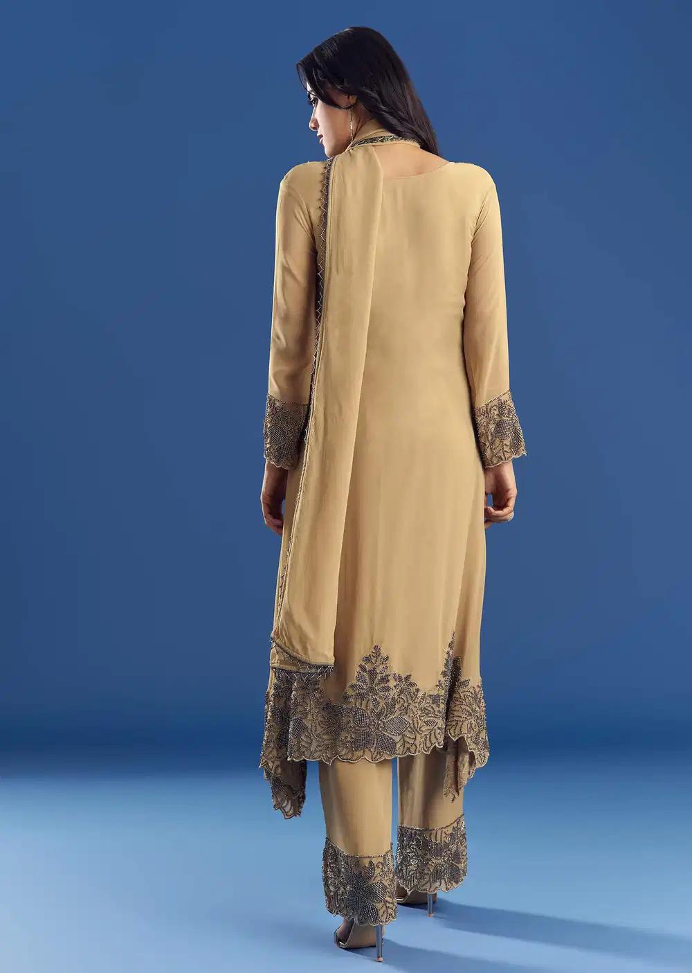Beige Asymmetrical Georgette Beaded Kurta Pant Ensemble With Dupatta Outfit