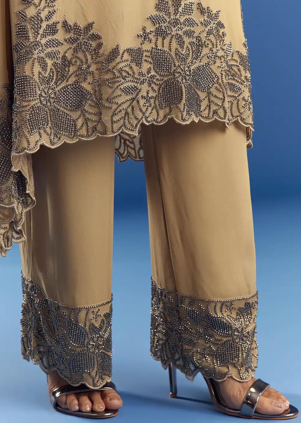 Beige Asymmetrical Georgette Beaded Kurta Pant Ensemble With Dupatta Outfit