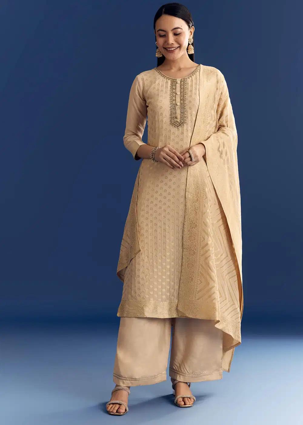 Beige Banarasi Georgette Kurta Ensemble With Zardosi Neckline Outfit