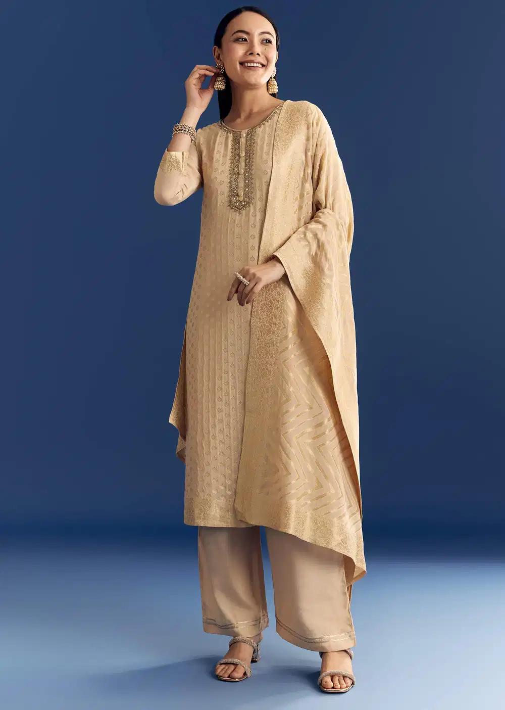 Beige Banarasi Georgette Kurta Ensemble With Zardosi Neckline Outfit