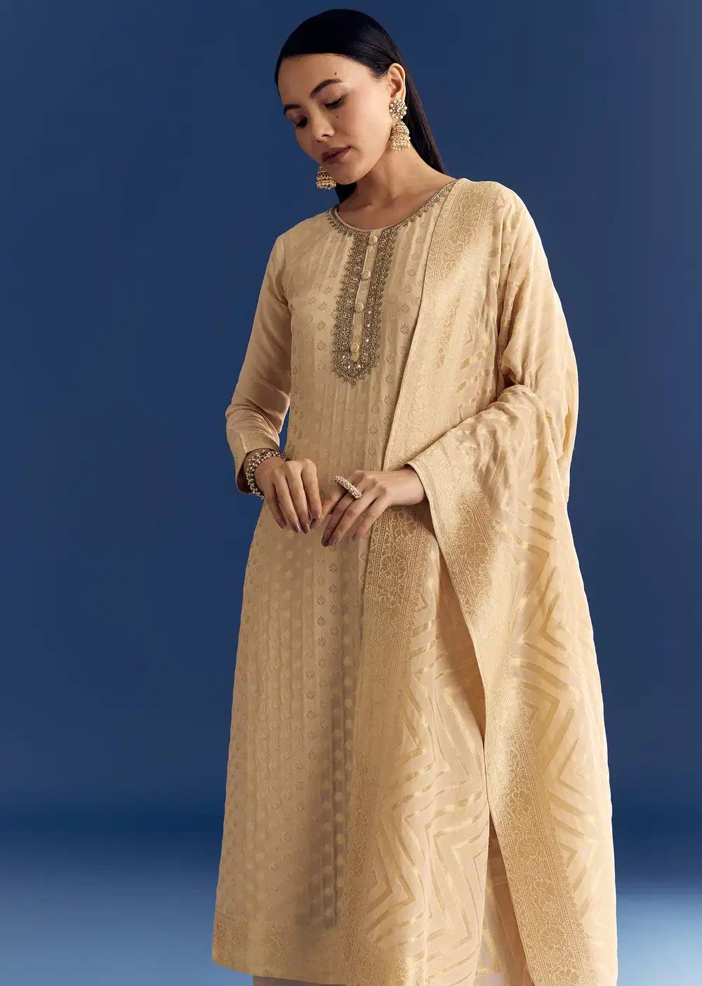 Beige Banarasi Georgette Kurta Ensemble With Zardosi Neckline Outfit