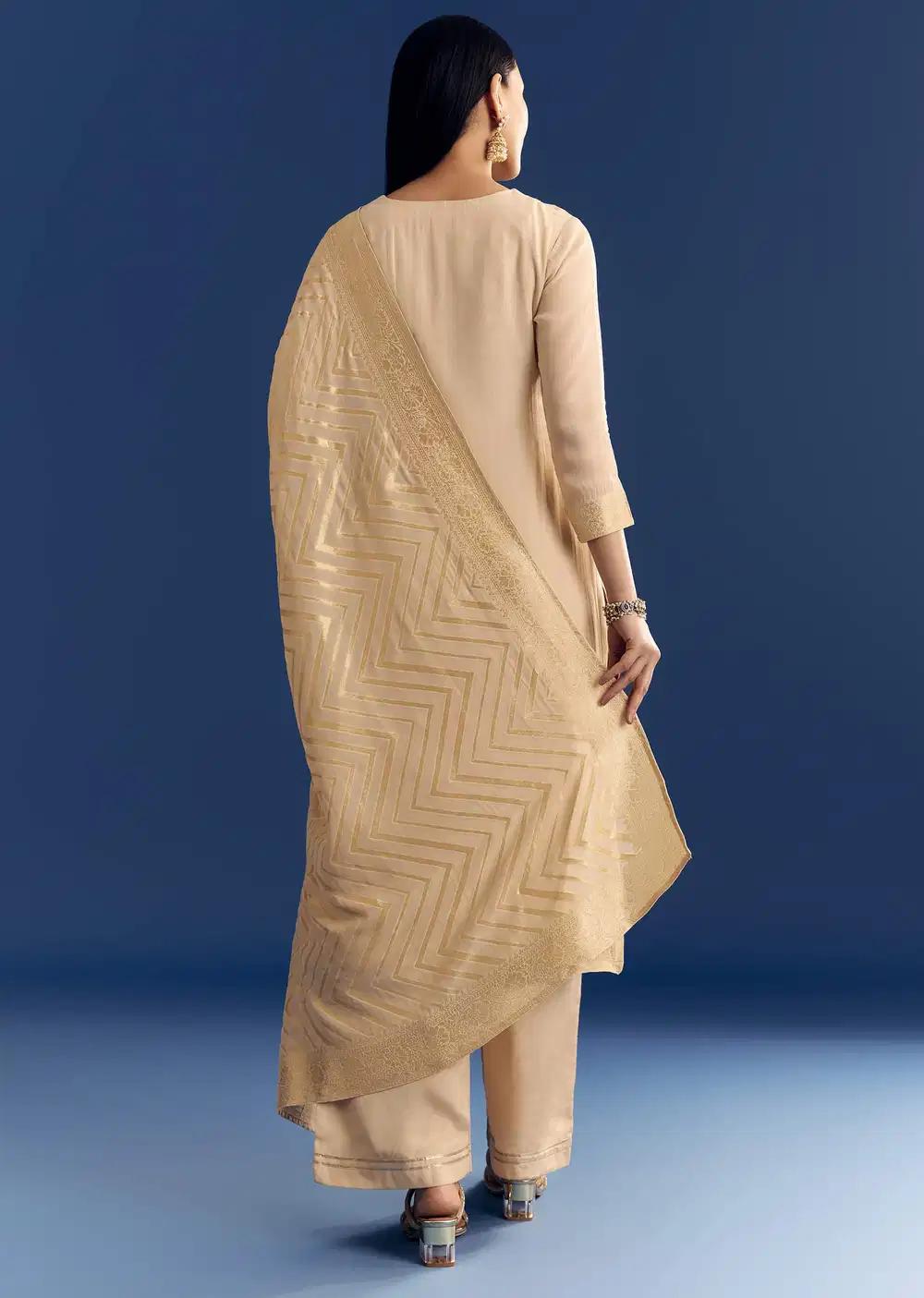Beige Banarasi Georgette Kurta Ensemble With Zardosi Neckline Outfit