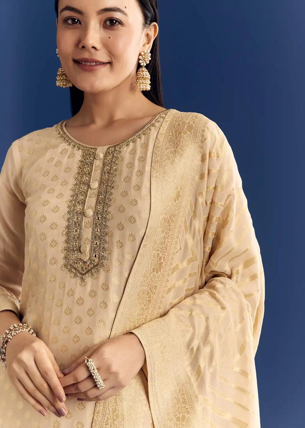 Beige Banarasi Georgette Tunic Ensemble Featuring Zardosi Neckline