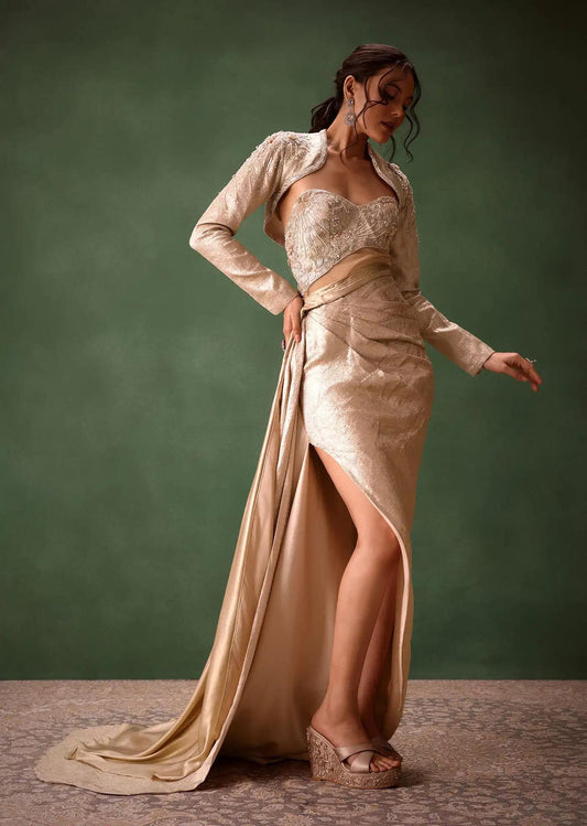 Beige Brocade Floor Length Gown With Coordinated Crop Jacket