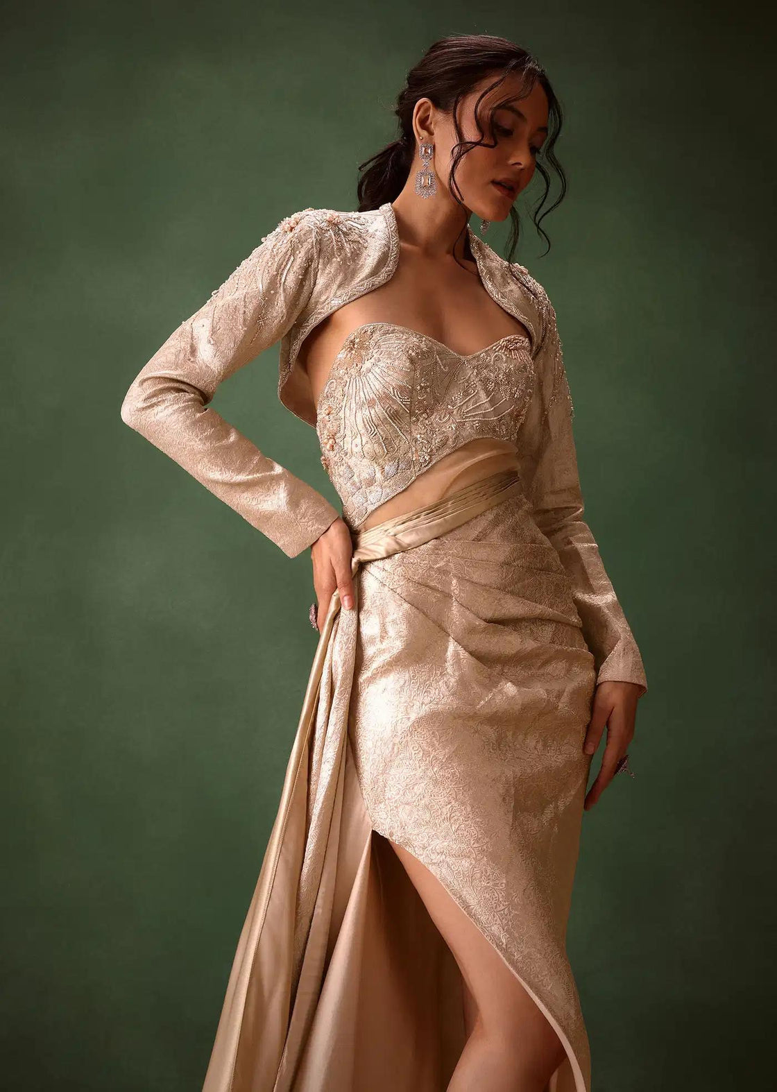 Beige Brocade Floor Length Gown With Coordinated Crop Jacket