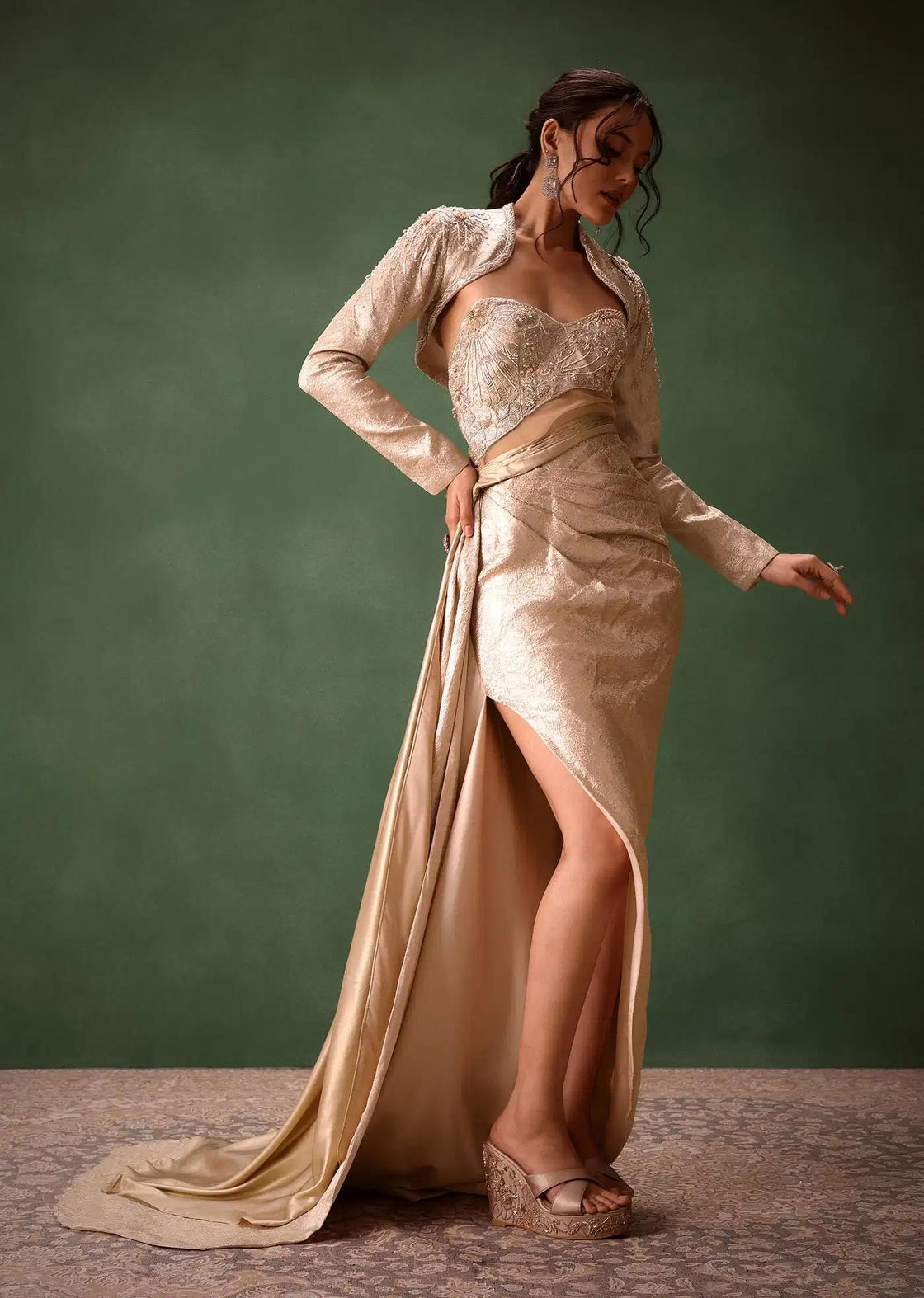 Beige Brocade Floor Length Gown With Coordinated Crop Jacket