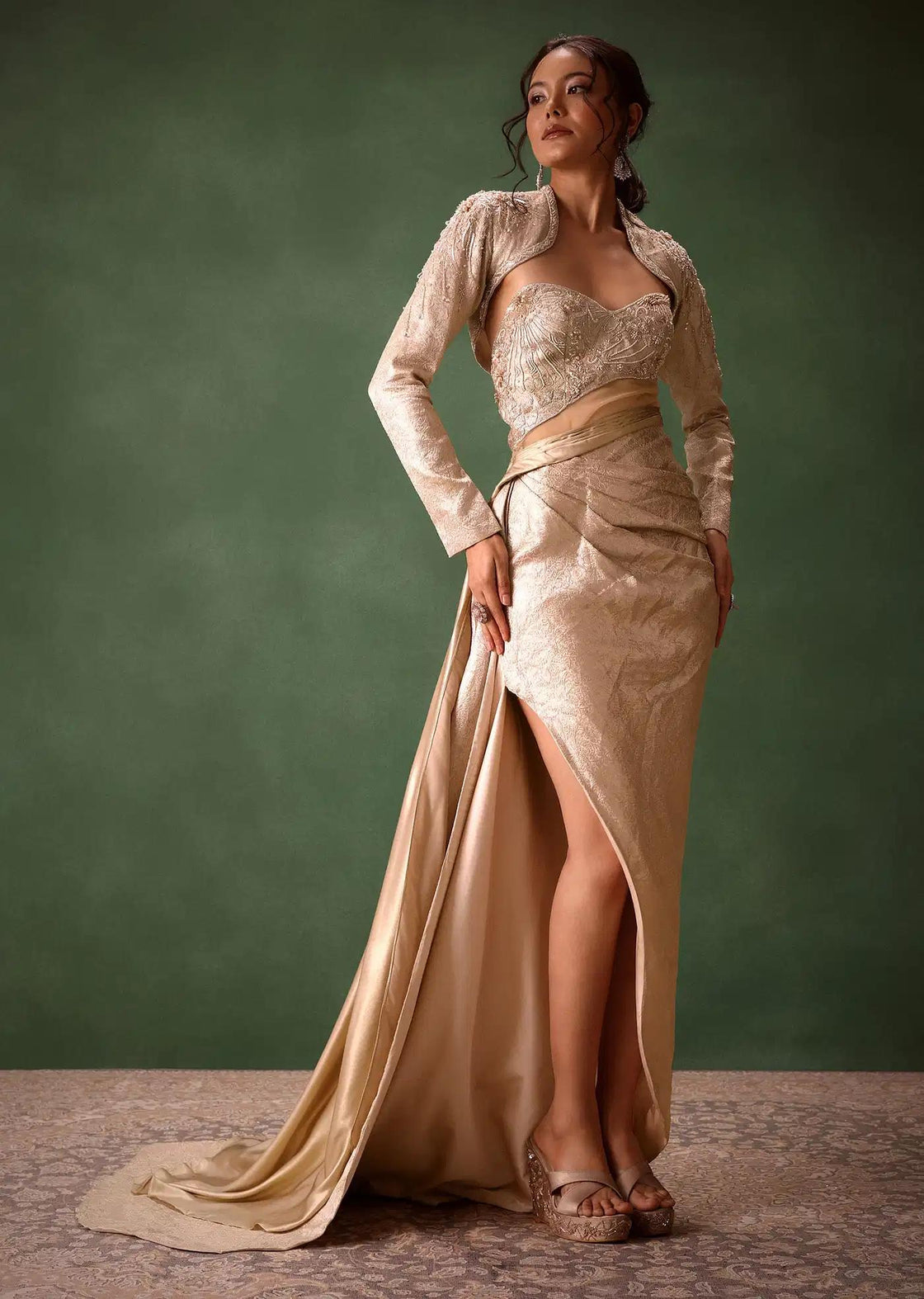 Beige Brocade Floor Length Gown With Coordinated Crop Jacket