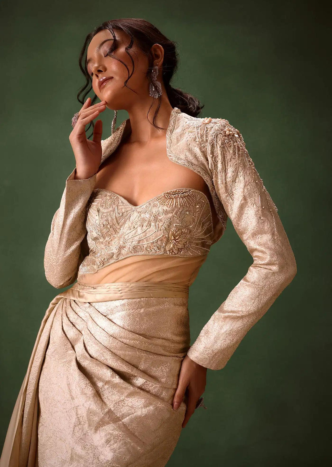 Beige Brocade Floor Length Gown With Coordinated Crop Jacket