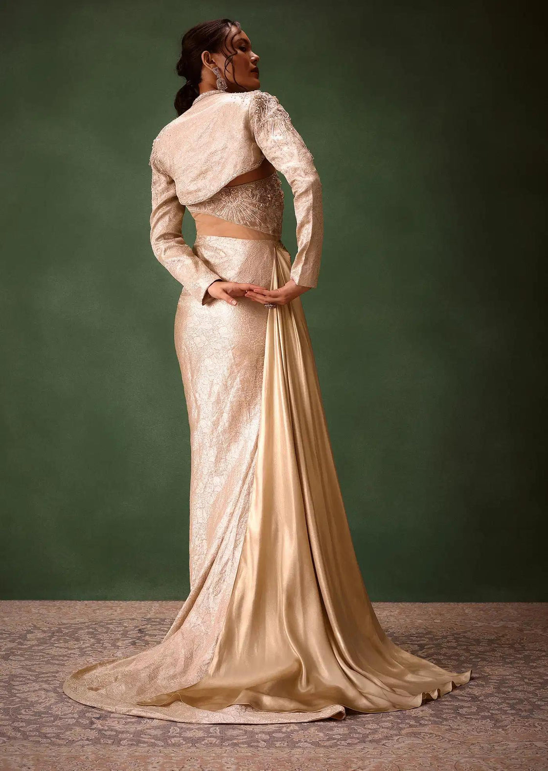 Beige Brocade Floor Length Gown With Coordinated Crop Jacket