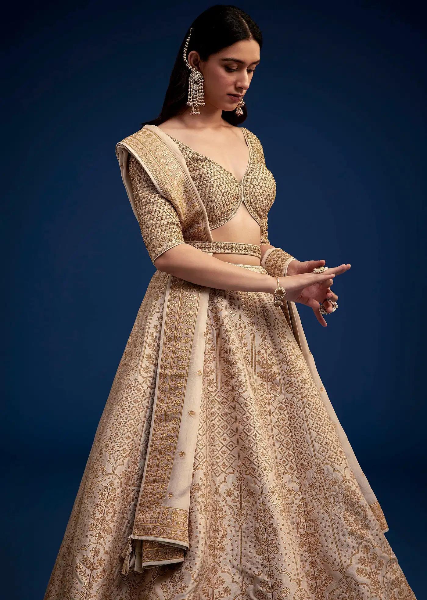 Beige Brocade Lehenga Skirt Ensemble Belt