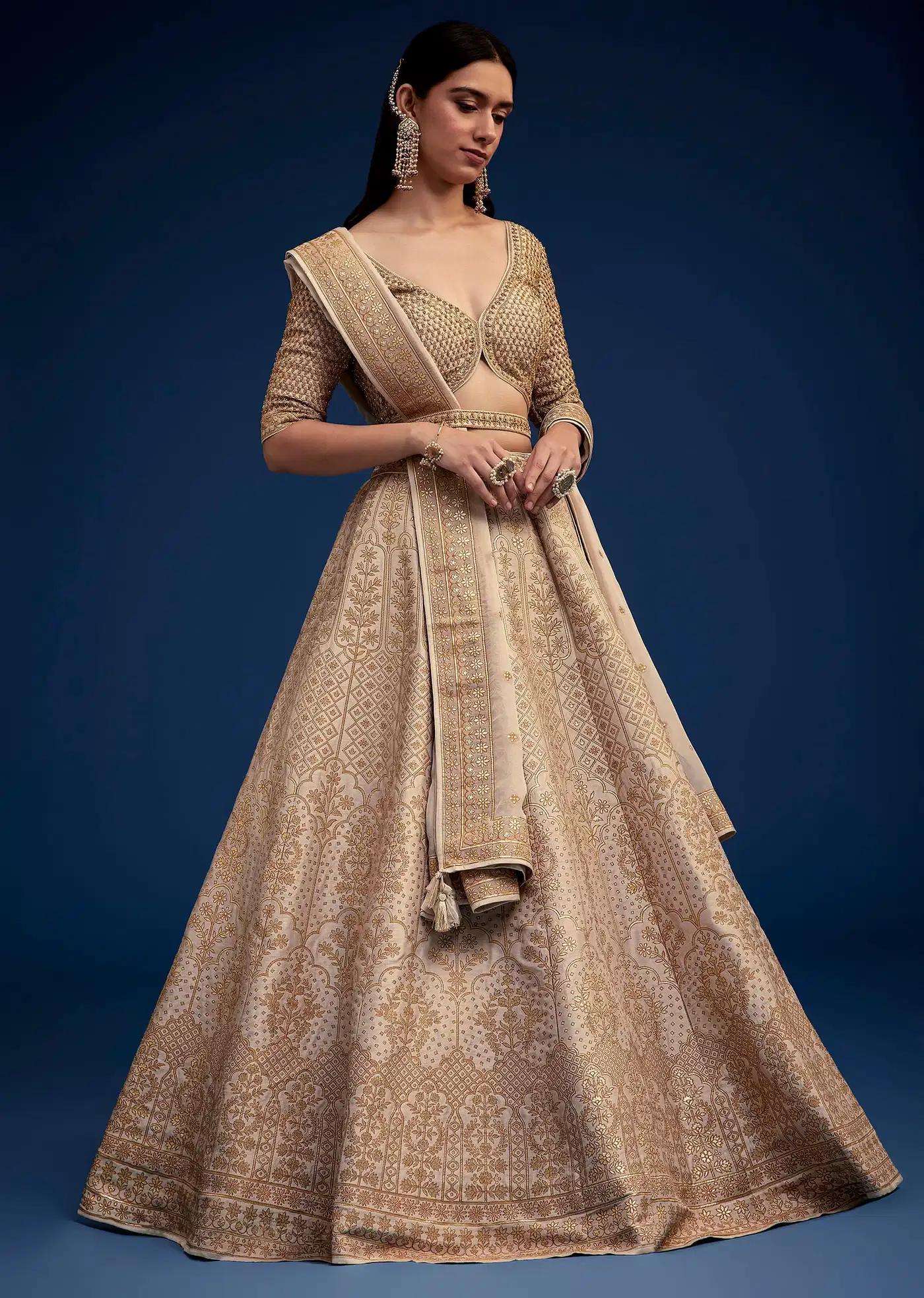 Beige Brocade Lehenga Skirt Ensemble Belt