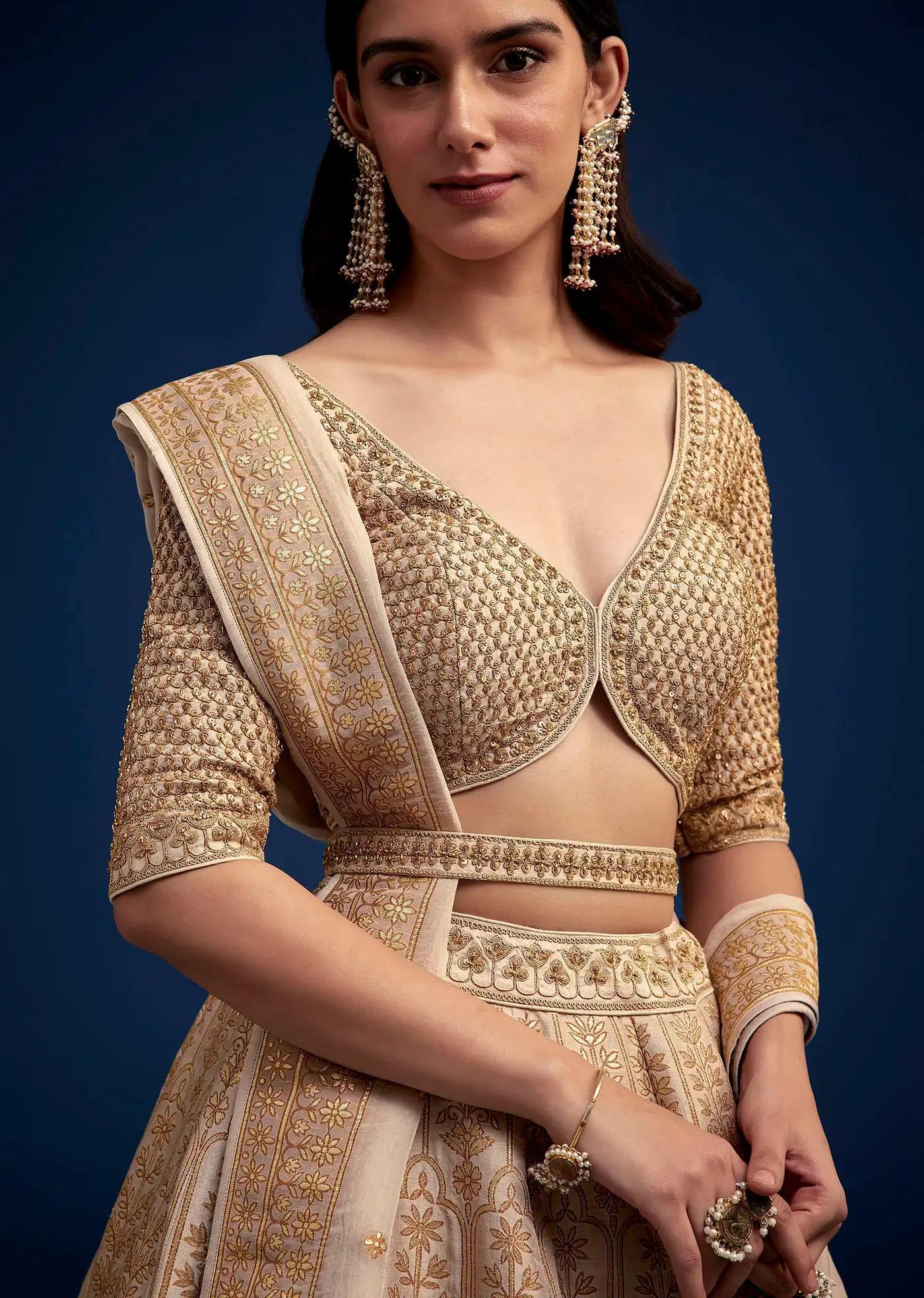 Beige Brocade Lehenga Skirt Ensemble Belt