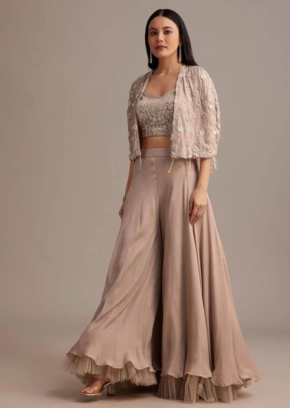 Beige Cape Palazzo Set Adorned With Beads And Tassels