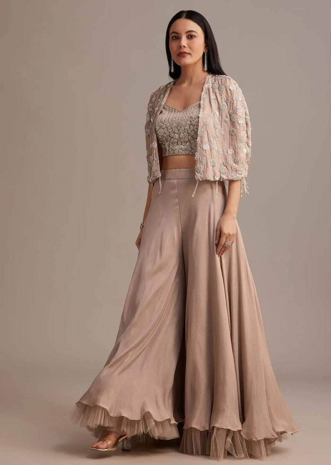 Beige Cape Palazzo Set Adorned With Beads And Tassels