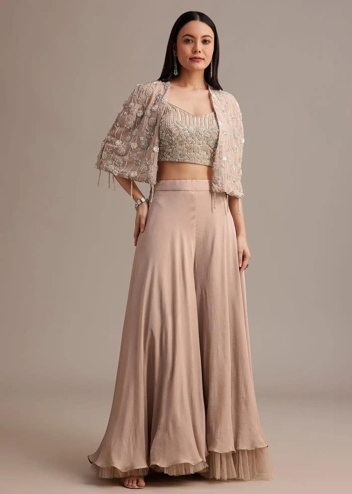 Beige Cape Palazzo Set Adorned With Beads And Tassels