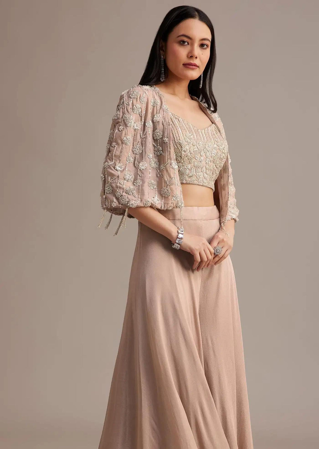 Beige Cape Palazzo Set Adorned With Beads And Tassels