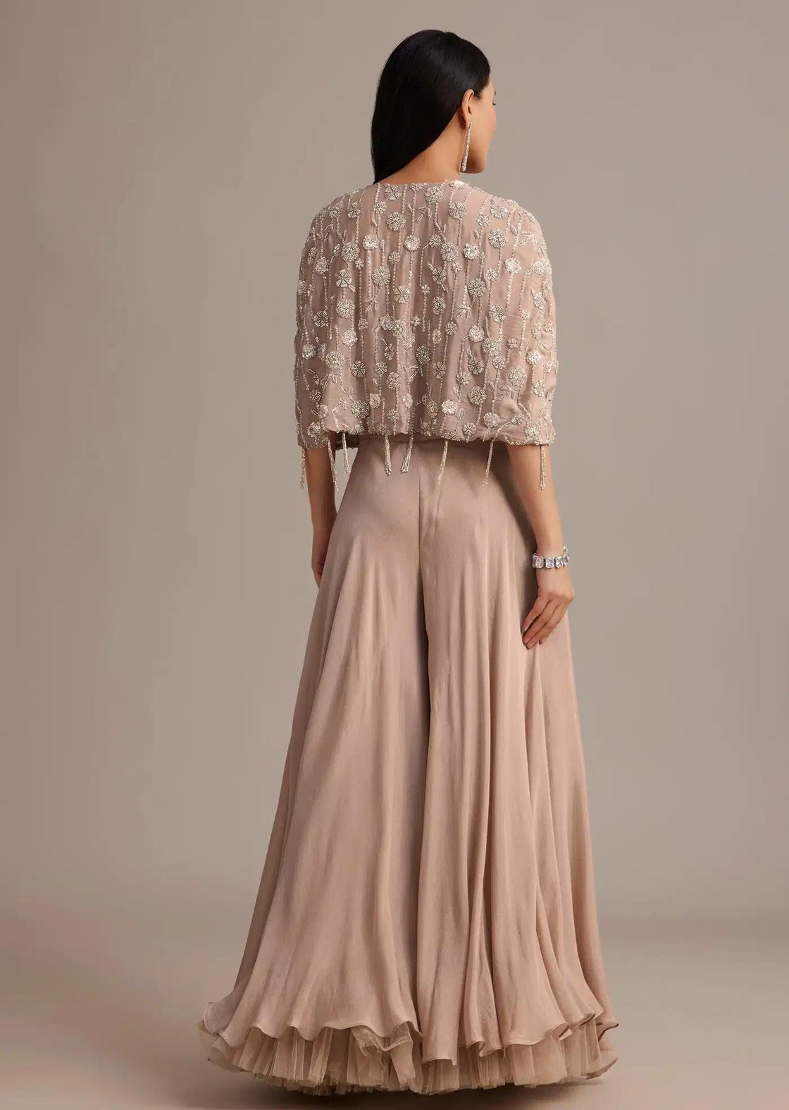 Beige Cape Palazzo Set Adorned With Beads And Tassels