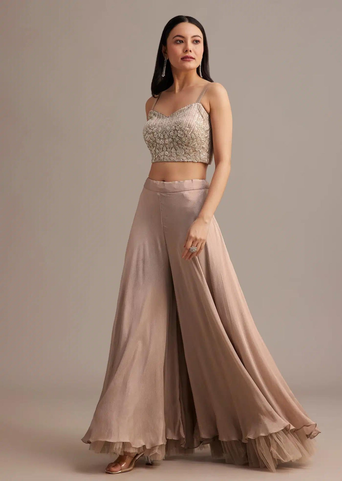 Beige Cape Palazzo Set Adorned With Beads And Tassels