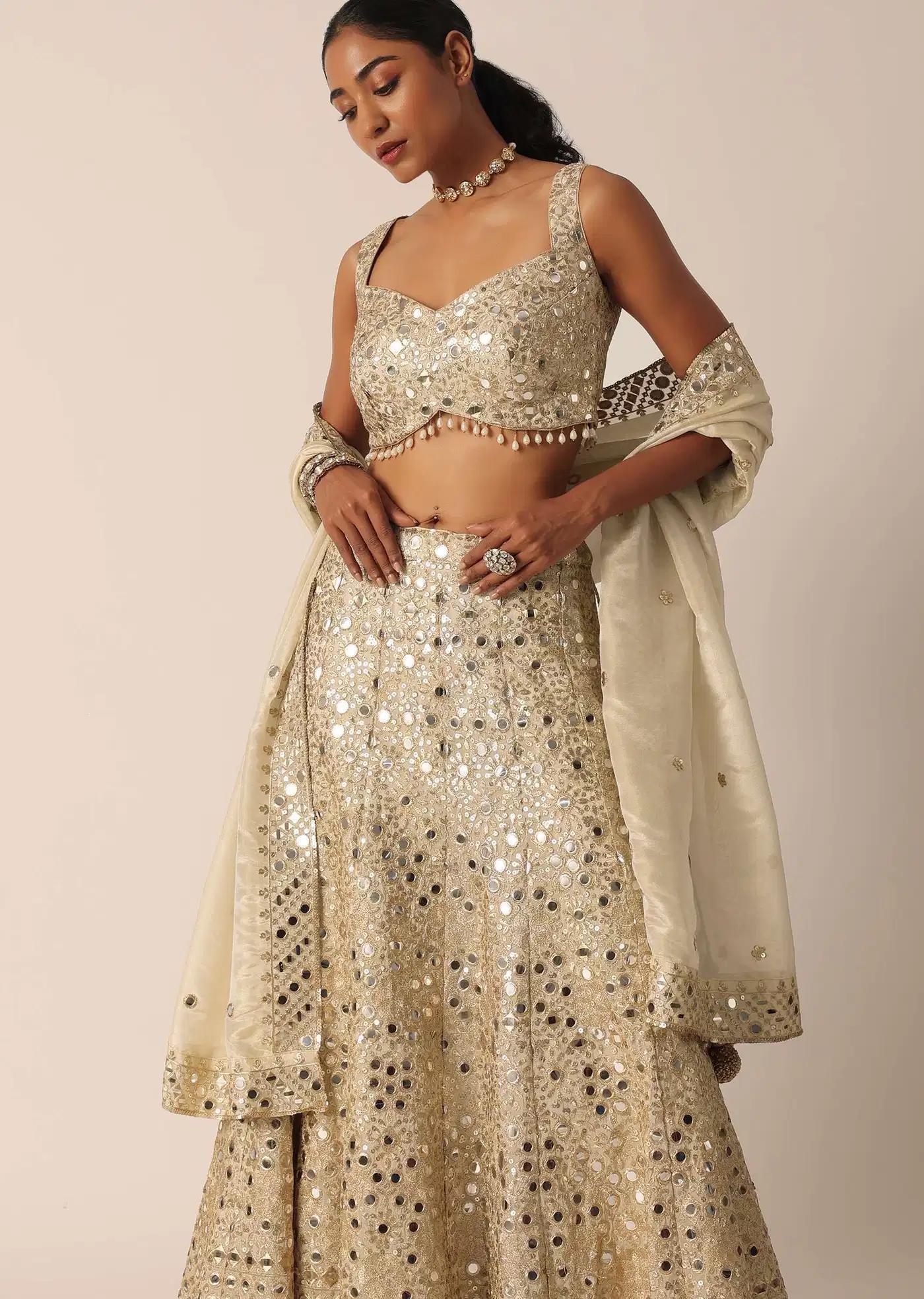 Beige Chanderi Mirror Embellished Lehenga Skirt Ensemble