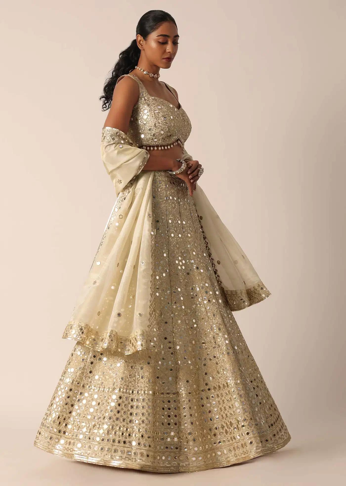 Beige Chanderi Mirror Embellished Lehenga Skirt Ensemble