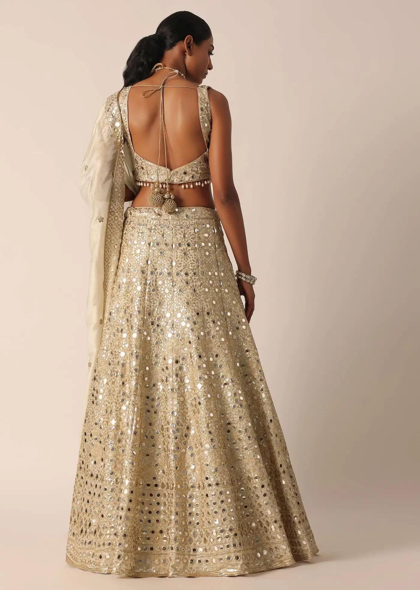 Beige Chanderi Mirror Embellished Lehenga Skirt Ensemble