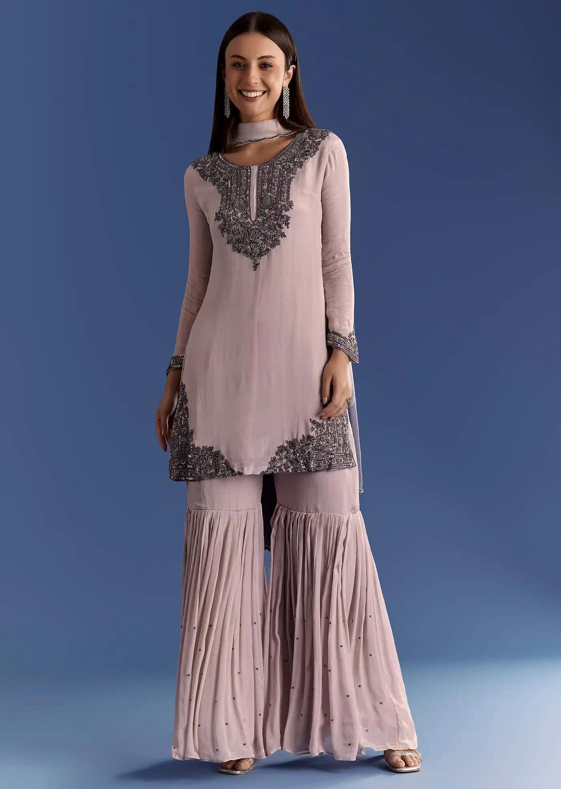 Beige Chinon Beaded Tunic Ensemble Featuring Ombre Drape
