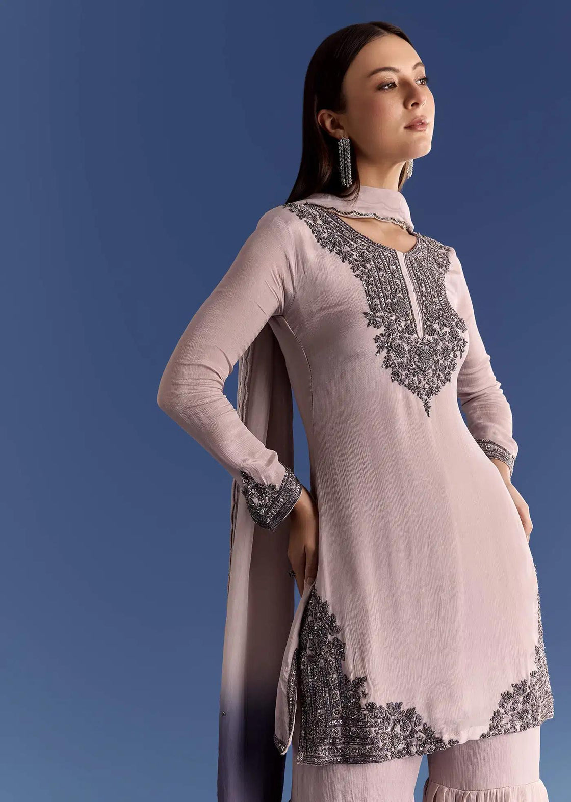 Beige Chinon Beaded Tunic Ensemble Featuring Ombre Drape