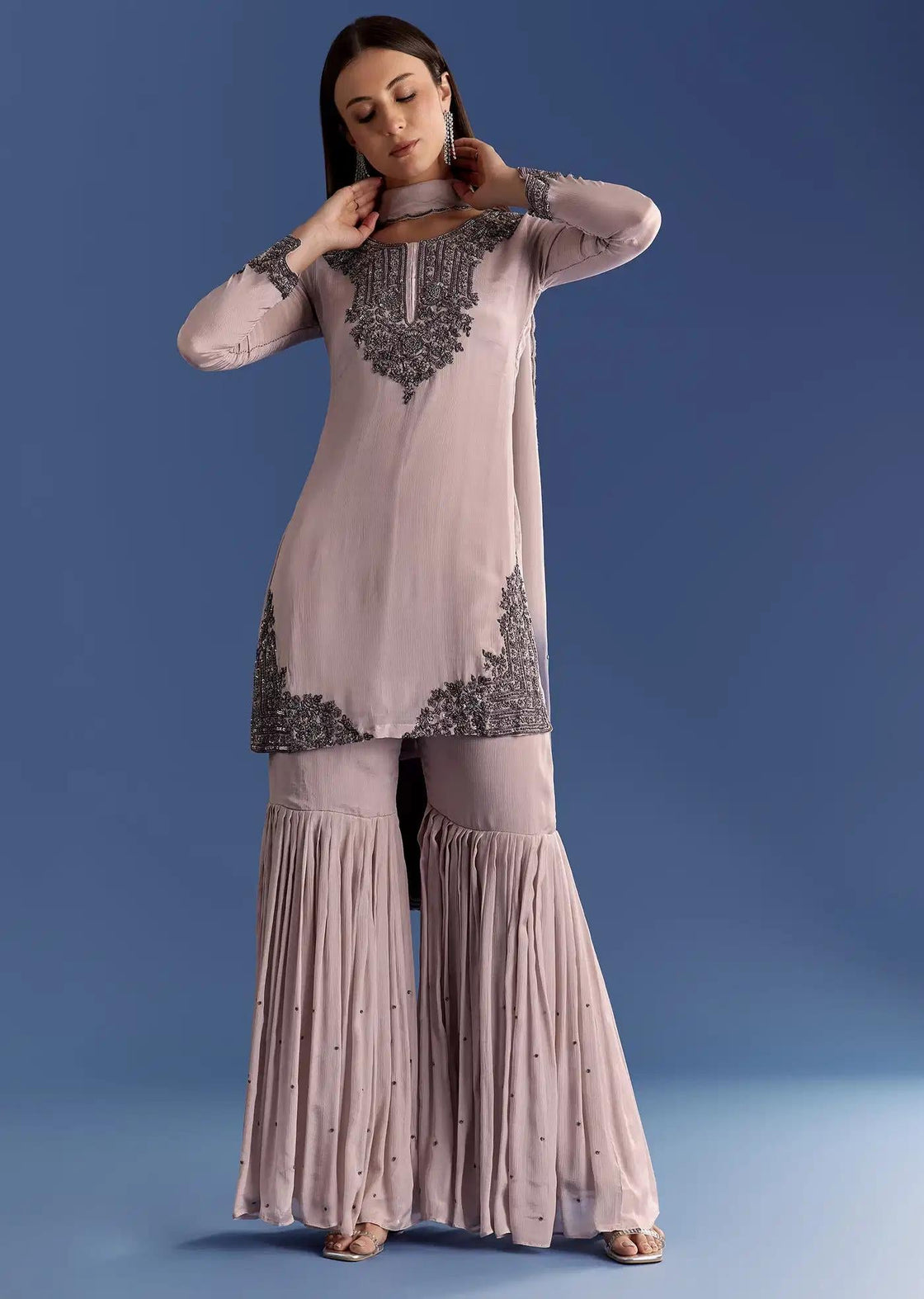 Beige Chinon Beaded Tunic Ensemble Featuring Ombre Drape