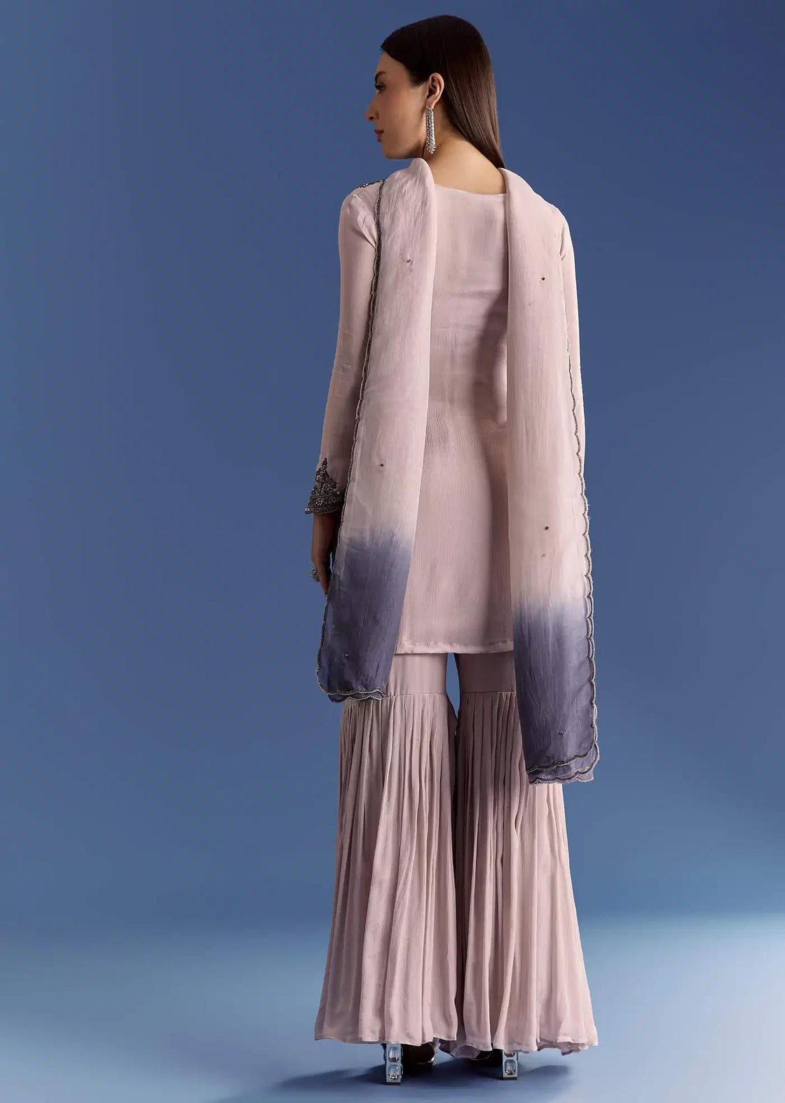 Beige Chinon Beaded Tunic Ensemble Featuring Ombre Drape
