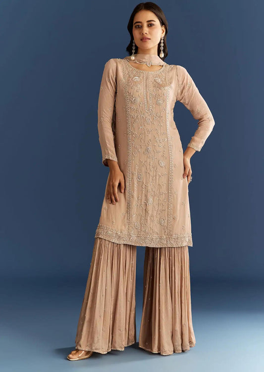 Beige Chinon Tunic Sharara Trousers Ensemble Featuring Cut Dana Sequins Detailing