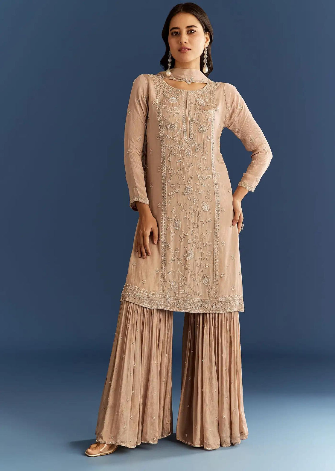 Beige Chinon Tunic Sharara Trousers Ensemble Featuring Cut Dana Sequins Detailing
