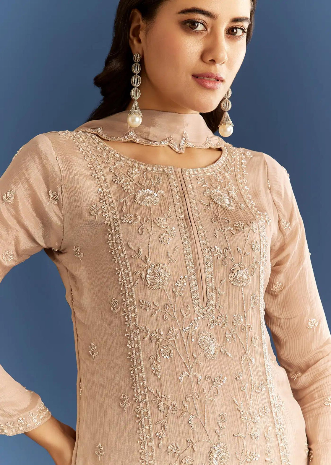 Beige Chinon Tunic Sharara Trousers Ensemble Featuring Cut Dana Sequins Detailing