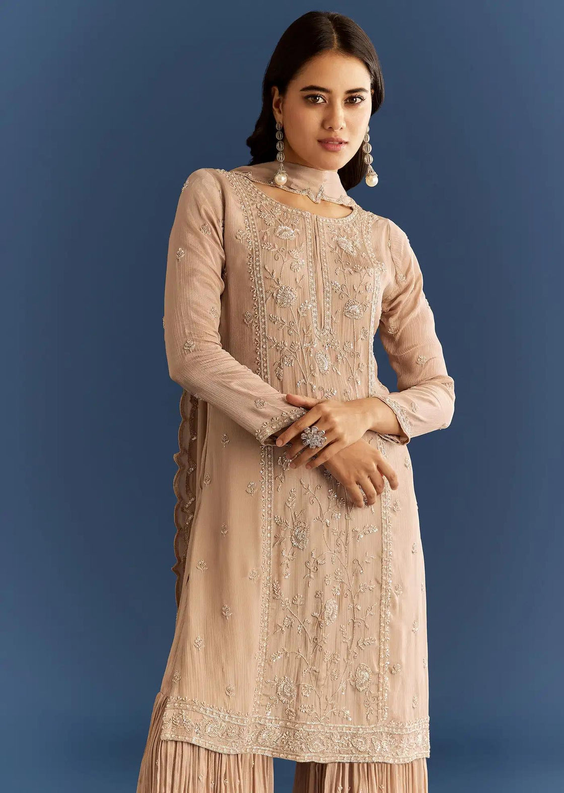 Beige Chinon Tunic Sharara Trousers Ensemble Featuring Cut Dana Sequins Detailing