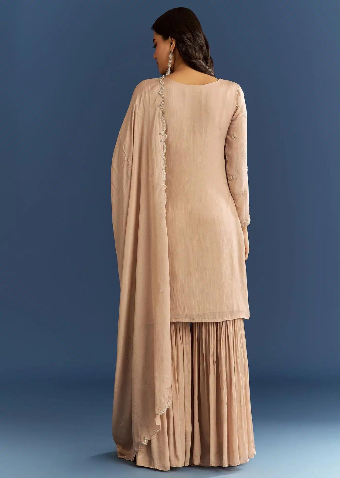 Beige Chinon Tunic Sharara Trousers Ensemble Featuring Cut Dana Sequins Detailing