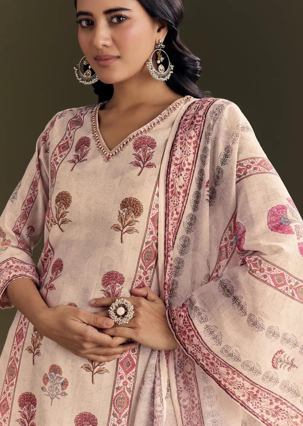 Beige Cotton Block Print Kurta Ensemble With Printed Dupatta Outfit